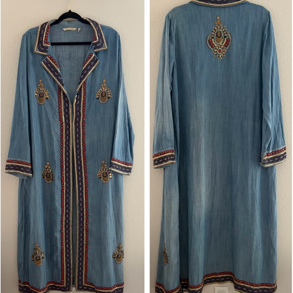 Soft Surroundings Heavily Beaded Embroidered Tencel Duster Coat Denim Blue Large
